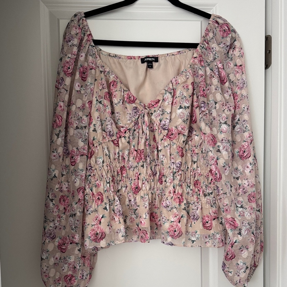 Express Beige Floral Tie-Front Peasant Blouse